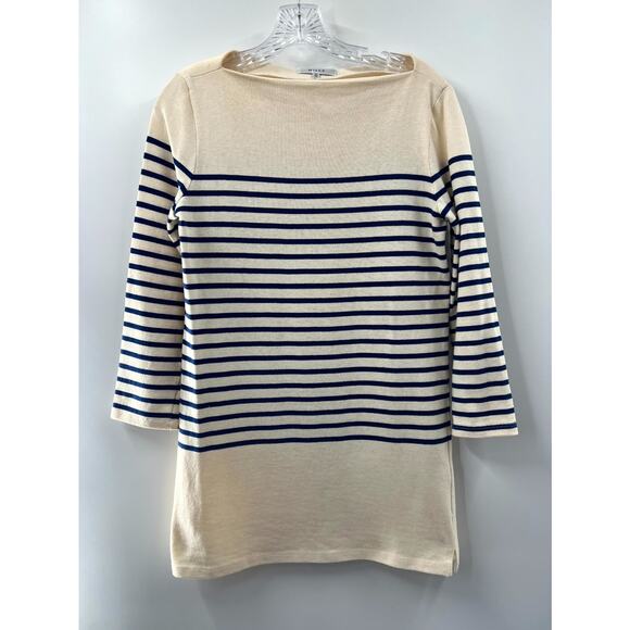 Milly Tops - Milly Women's Blue Cream Striped Cotton Boat Neck Long Sleeve Tunic Top Size P